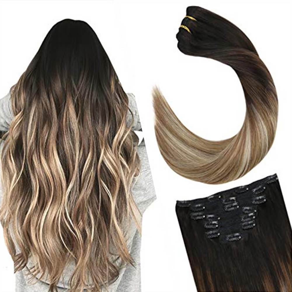 Blonde Balayage Clip in Hair Extensions Black Root Human #1b/10/60 –  UgeatHair