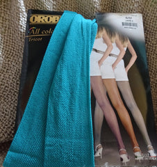 Colour sample turquoise green Oroblu Tricot fishnet tights available in Australia.