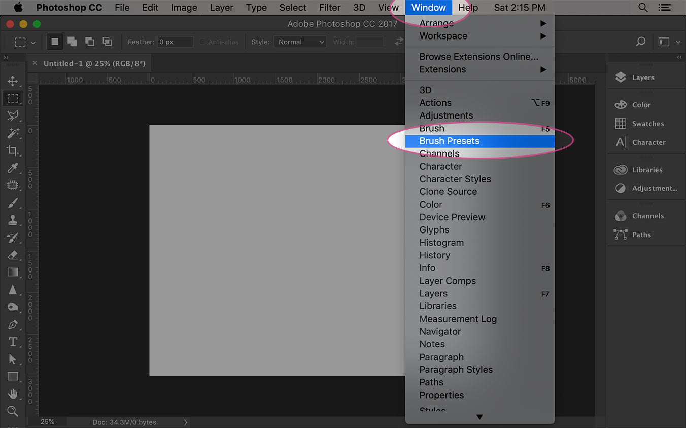 click window and brush presets in photoshop