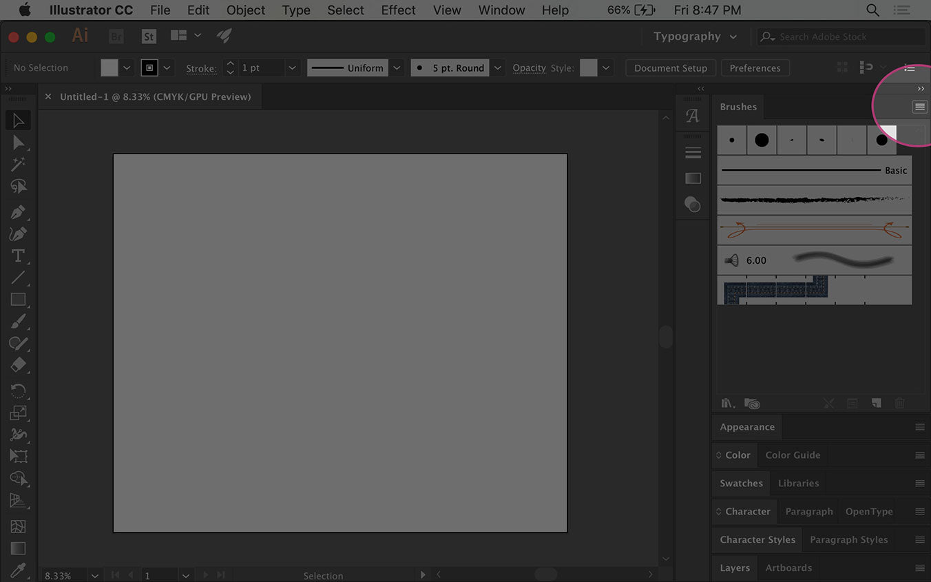 Display the Illustrator Brush menu