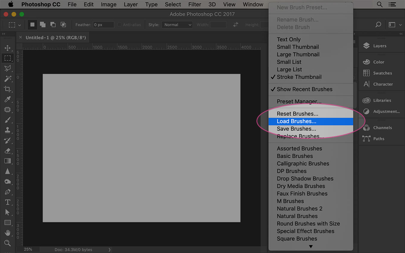 click on load brushes option in photoshop brush menu