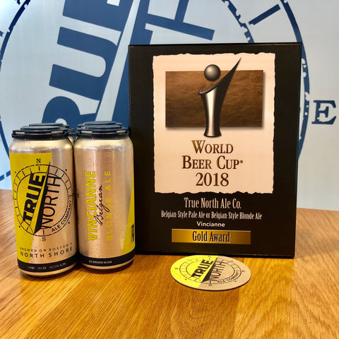 A four-pack of Vincianne and the World Beer Cup 2018 Gold Award plaque