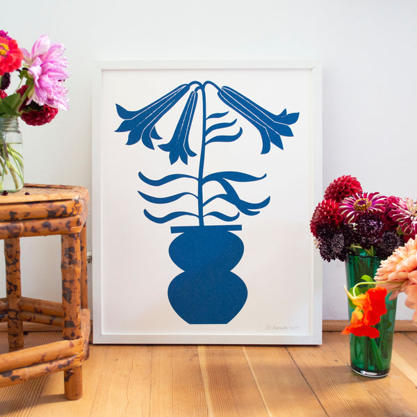 blue, vase, lily, lilium, screen, screen print, art, framed art, update your home decor
