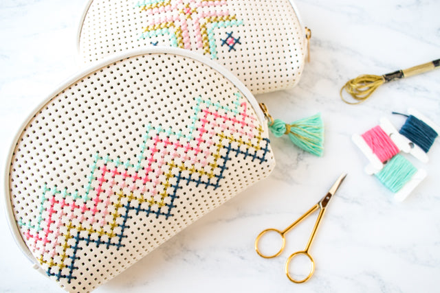 How to embellish a faux leather Target bag with cross stitching