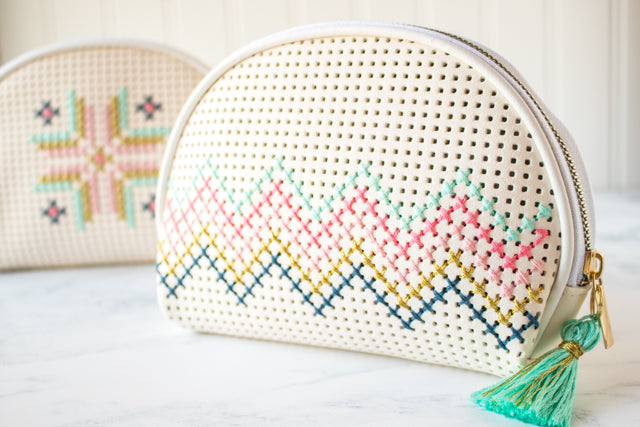 How to embellish a faux leather Target bag with cross stitching