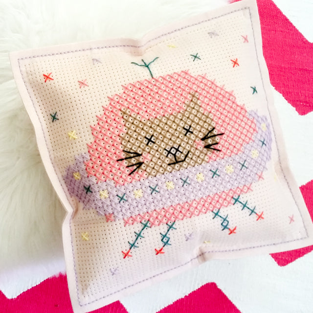 Felt pillow cross stitch kit Spaceship Kitty