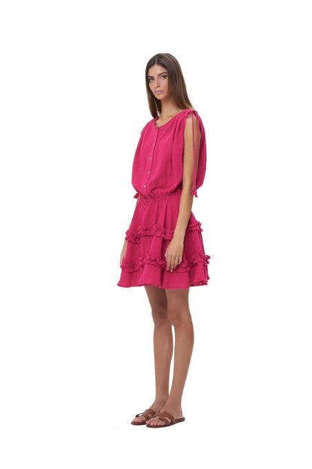 La Confection - Avery - Dress with Draw Sleeves Flared Ruffle Skirt in Plain Celosia