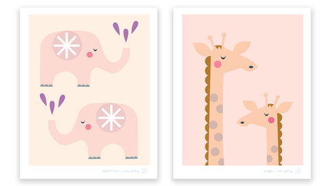 Elephant Twins and Giraffes art prints for the nursery by Mara Girling, Printspace