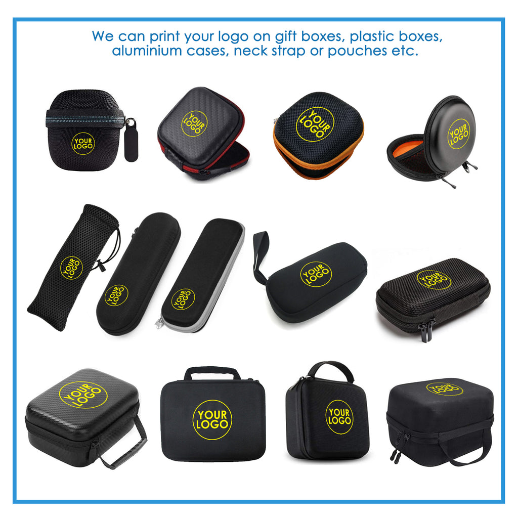 We can print your logo on gift boxes, plastic boxes, aluminium cases, neck straps, pouches, etc.