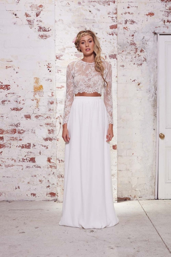 Lace Long Sleeve Two Piece Bohemian Country Wedding Dresses White Chif