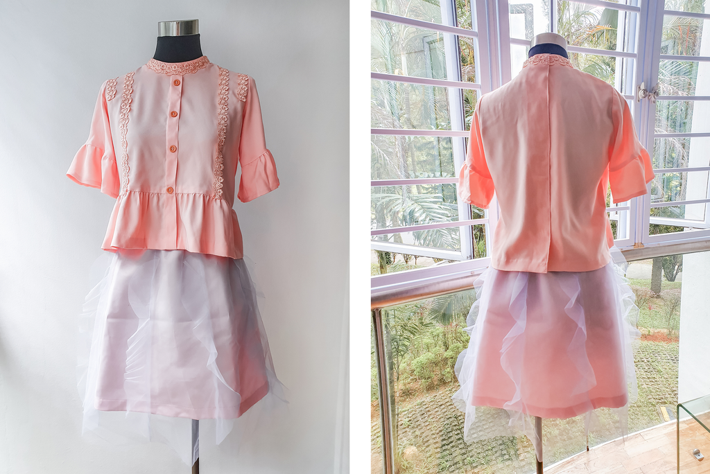 Pink Blouse and Tulle Set on a mannequin. Front view (left) and back view (right)