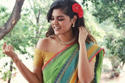 happy indian women in chettinad cotton saree