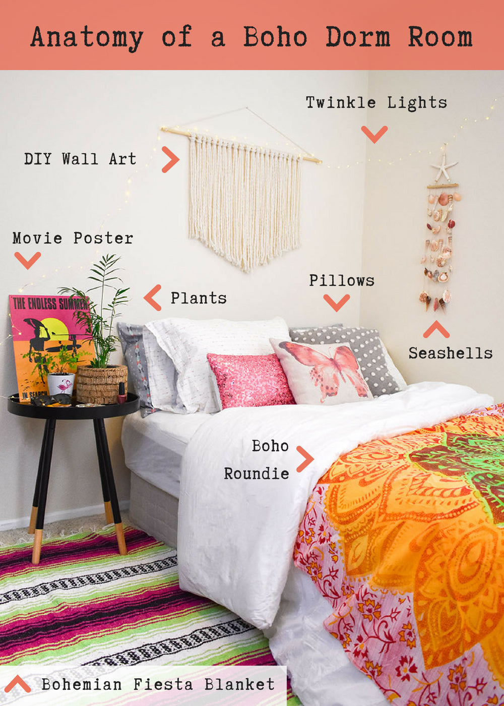 Breaking down the elements of the perfect boho bedroom. This simple, yet colorful dorm room look was created for the boho girl who loves pink, the beach, and a casual cool vibe. It is not over top and has just the right amount of embellishment to let her personality shine.