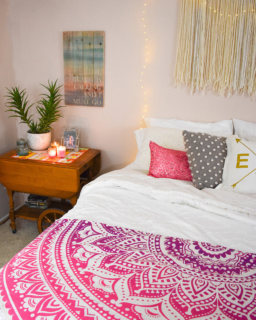 A bright pop of color for the girly boho bedroom. Pretty in Pink Roundie. A mandala tapestry for the hippie bedroom.