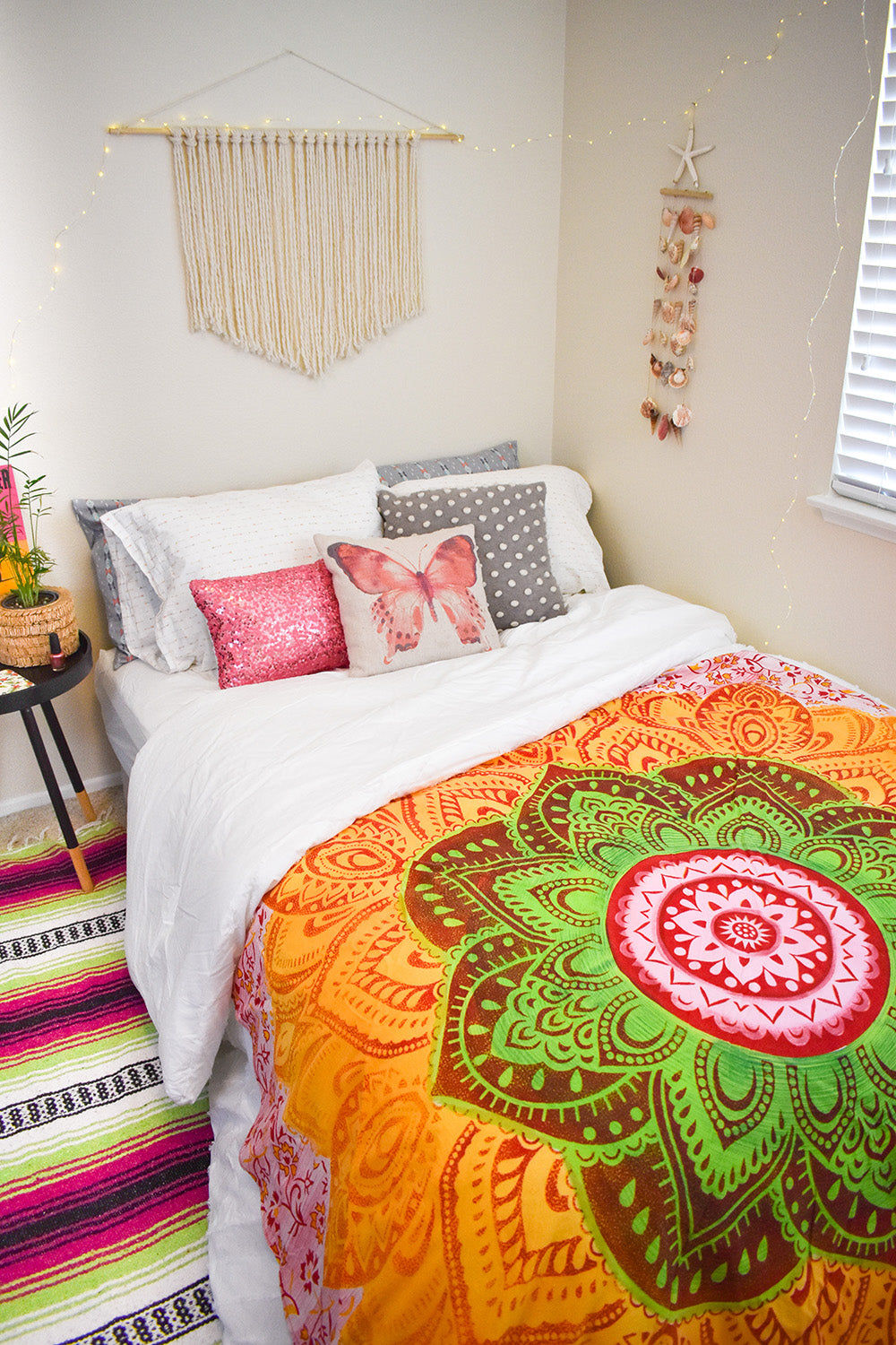Those dark, gloomy, and grey days got you down this winter? Add a little sunshine to your day with the Blossom Mandala Roundie. This colorful round tapestry radiates warmth and cozy vibes with its vivid summer inspired colors. A quick and easy way to brighten up any room.