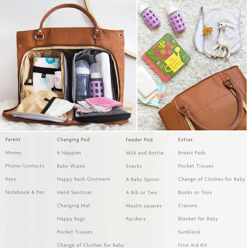 packing suggestion with open shot of the tan Mirano changing bag and a list of packable items underneath