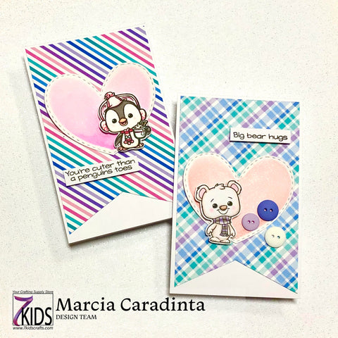 #thefrolickingfairy #7kidscraftingsupplystore #ccdesignsrs #tinywinter #doodlebugdesigns #winterwonderland #cardchallenge #plaid #rainbow #stripes #alcoholmarkers #papercraft #rubberstamping #handmade #cardmaker #cardmaking #love #bearhugs #polarbear #penguin