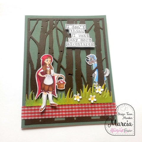 #thefrolickingfairy #heartcraftpaper #littlered #grandmawolf #fairytale #twisted #redridinghood #wolf #adventures #copiccoloring #tayloredexpressions #dylusionssentiment #lawnfawn #handmade #handmadecards
