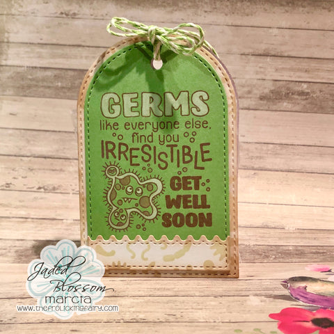 #thefrolickingfairy #jadedblossom #junerelease #cooties #scarethegermsaway #germs #inkblending #distressoxide #roundedtag #irresistible #germstencil #inkblending #treattag #getwell #sick #caughtabug #feelbetter #cardmaking #cardmaker #cardmakersofinstagram