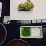 Matcha green tea salt with spring green tempura