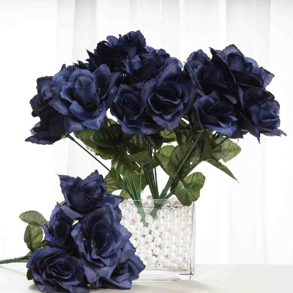 DARK BLUE Open Roses Bush Artificial Silk Flowers 20" Bouquet 12-293 BL 
