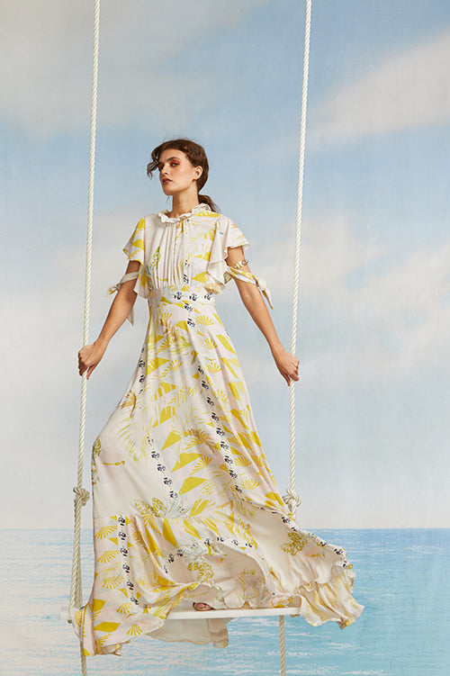 Cynthia Rowley Spring 2018 Look 11 featuring a silk twill printed maxi dress with flutter sleeves