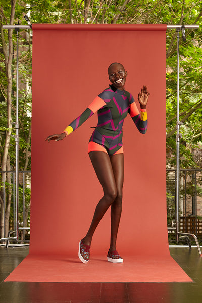 Cynthia Rowley Resort 2017 look 11 featuring a colorful printed neoprene wetsuit
