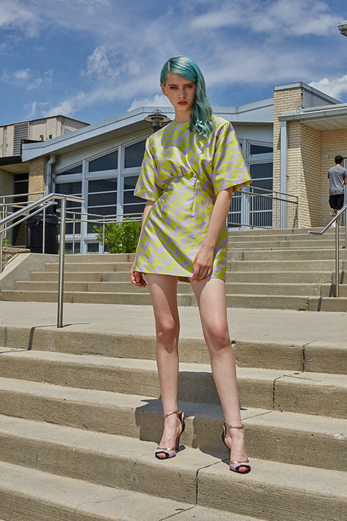 Cynthia Rowley Resort 2019 Collection features a green and purple mini dress that gathers at the high waist, and is paired with blush and gold heels.