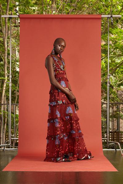Cynthia Rowley Resort 2017 look 31 featuring a red and purple floral print tiered maxi dress