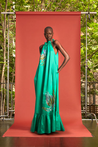Cynthia Rowley Resort 2017 look 7 featuring a green printed maxi dress