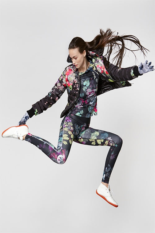 Cynthia Rowley Fall Fitness 2015 look 1 featuring dark floral print leggings, t-shirt, and quilted down jacket