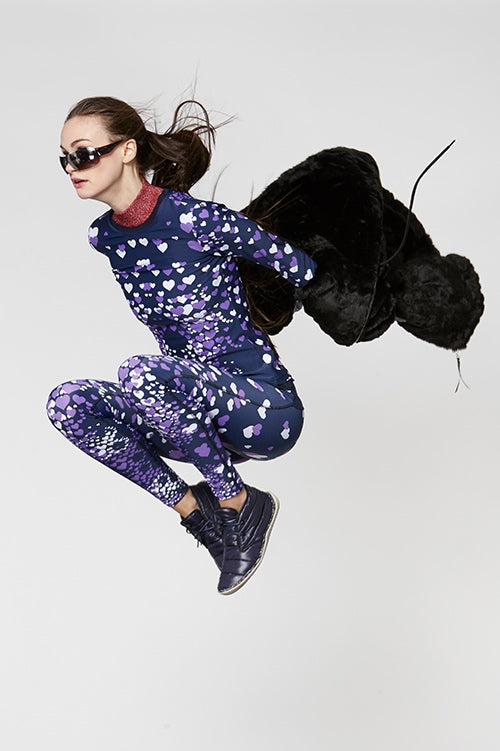 Cynthia Rowley Fall Fitness 2015 look 8 featuring mini hearts print leggings and long sleeve top with metallic rib neck and black faux fur hoodie jacket