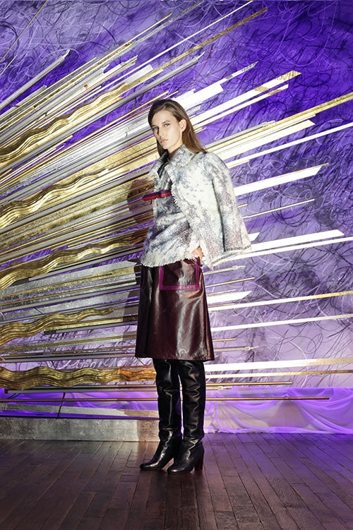 Cynthia Rowley Fall 2014 look 17 featuring a white and grey printed blouse with a matching print jacket with a burgundy buckle detail and a burgundy and pink knee length leather skirt