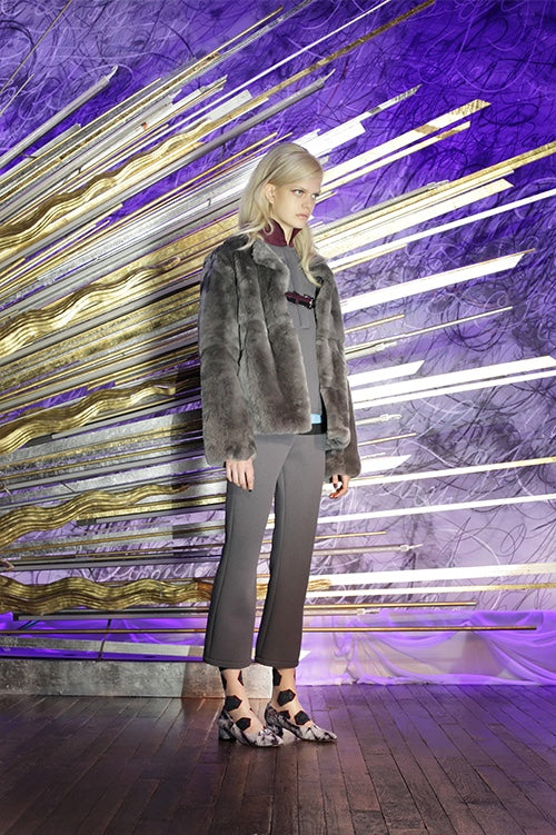 Cynthia Rowley Fall 2014 look 4 featuring a grey shirt with burgundy mandarin collar with a grey fur jacket and grey ombre ankle length pants