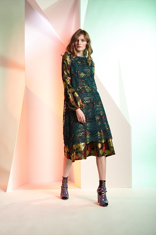 Cynthia Rowley Fall 2016 look 12 featuring a green and red floral jacquard bell sleeve dress with a dark green crochet sleeveless shift dress worn on top