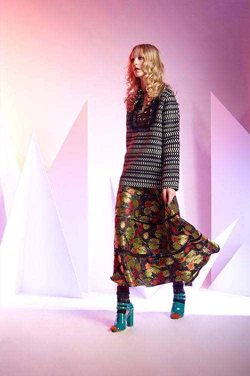 Cynthia Rowley Fall 2016 look 13 featuring a green and red floral jacquard maxi skirt with a navy and white tunic top 