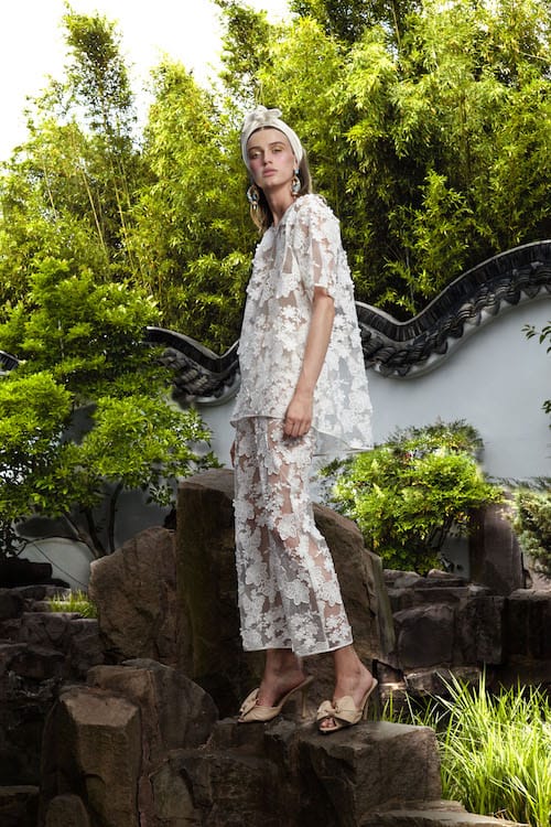 Cynthia Rowley Resort 2018 Look 10 featuring a t-shirt and pants in white floral lace