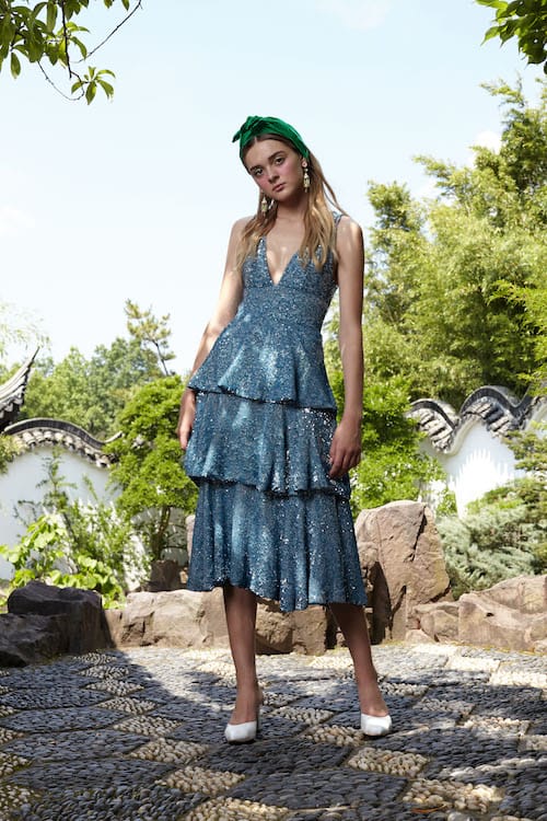 Cynthia Rowley Resort 2018 Look 12 featuring a tiered sequin turquoise dress