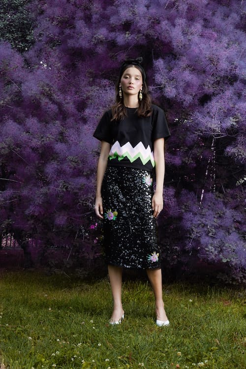 Cynthia Rowley Resort 2018 Look 15 featuring a black sequin skirt and t-shirt with chevron stripes