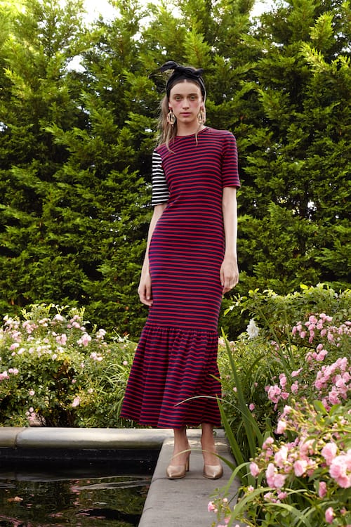 Cynthia Rowley Resort 2018 Look 20 featuring a striped jersey dress with short asymmetrical sleeves