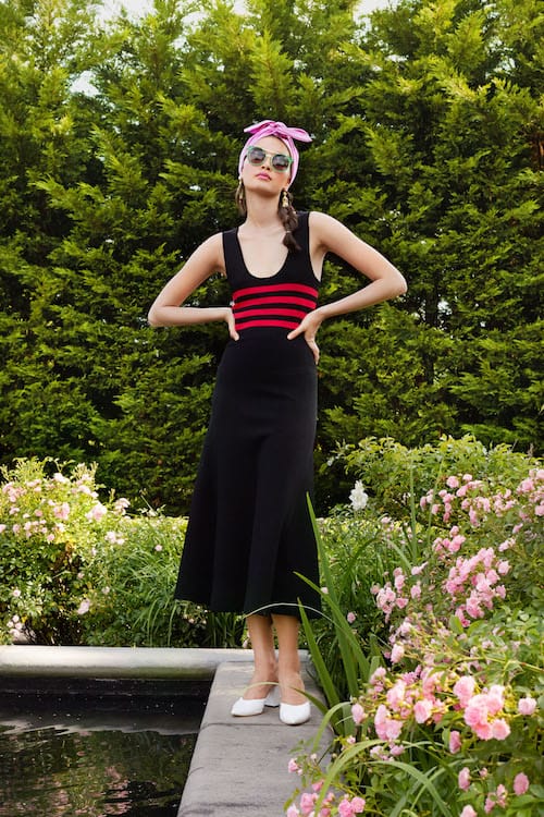 Cynthia Rowley Resort 2018 Look 22 featuring a knit sleeveless dress with red stripes across chest