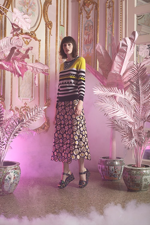 Cynthia Rowley Resort 2016 look 19 featuring an a-line midi skirt crocheted in circular motif and cashmere sweater with multi color stripe and geometric pattern