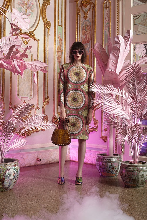 Cynthia Rowley Resort 2016 look 20 featuring a paisley printed bonded nylon shift dress with long sleeves