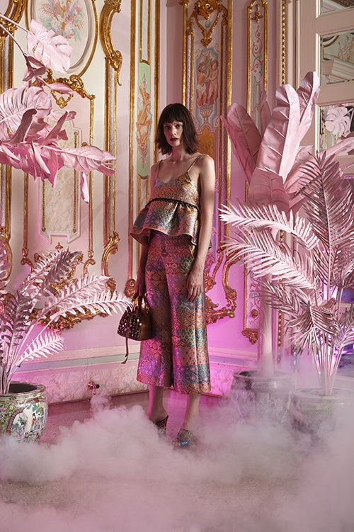 Cynthia Rowley Resort 2016 look 24 featuring pastel jacquard wide leg cropped pants and a spaghetti strap camisole with peplum