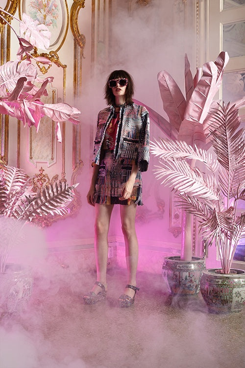 Cynthia Rowley Resort 2016 look 9 featuring a rainbow tweed fringed hem mini skirt and rainbow tweed cropped jacket worn over a pink printed cotton voile top