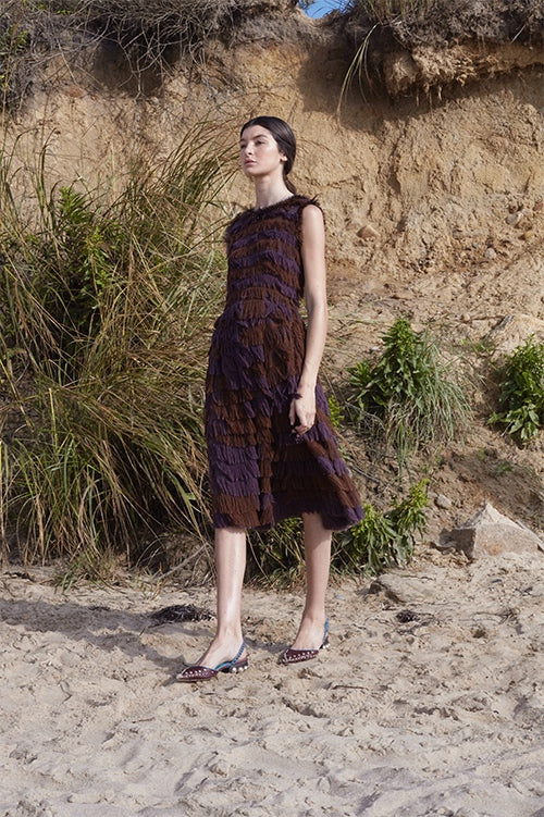 Cynthia Rowley Spring 2016 look 11 featuring a sleeveless knee length dress in brown and purple tiered fringe fabric