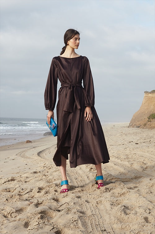 Cynthia Rowley Spring 2016 look 12 featuring a long sleeve midi dress with waist tie in brown polished cotton