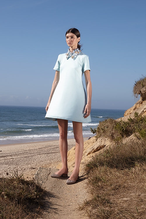 Cynthia Rowley Spring 2016 look 15 featuring a light green bonded neoprene t-shirt dress with lace collar