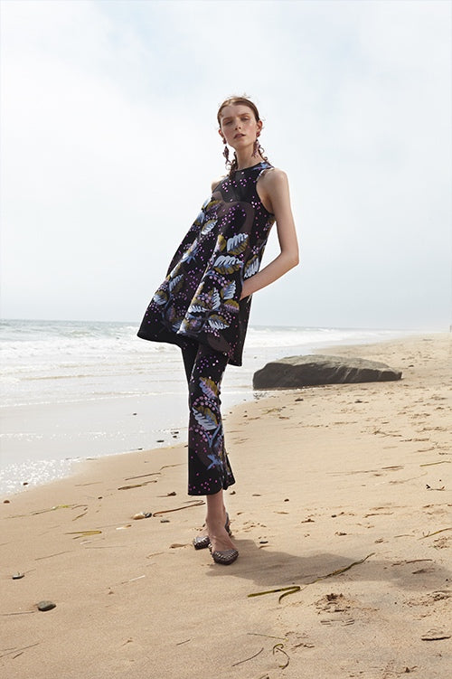 Cynthia Rowley Spring 2016 look 27 featuring black leaf printed bonded neoprene cropped flare pants and a-line mini dress 