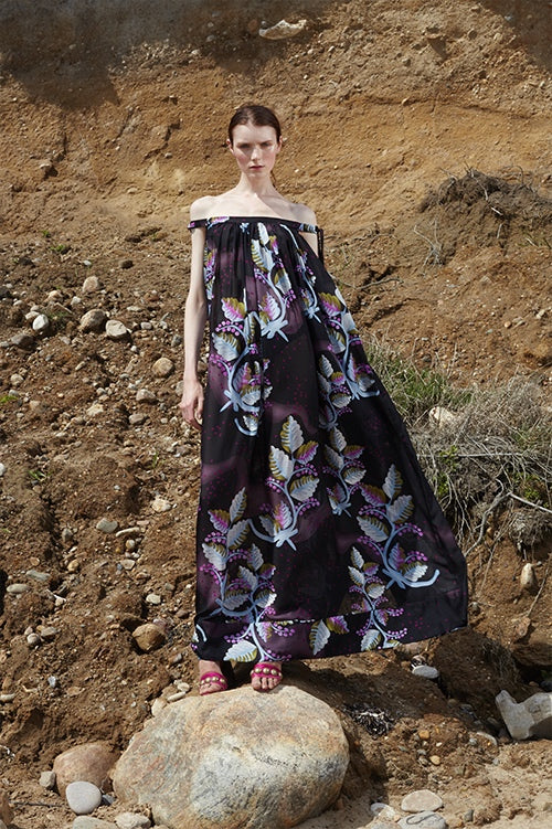 Cynthia Rowley Spring 2016 look 32 featuring a black leaf printed silk off shoulder maxi dress